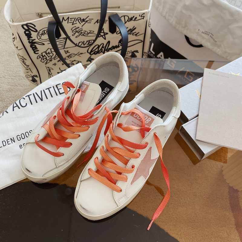 Golden Goose White Super-Star Sneakers With Pink Star and Heel Tab