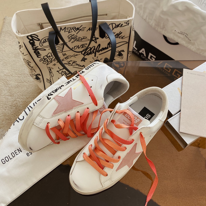 Golden Goose White Super-Star Sneakers With Pink Star and Heel Tab