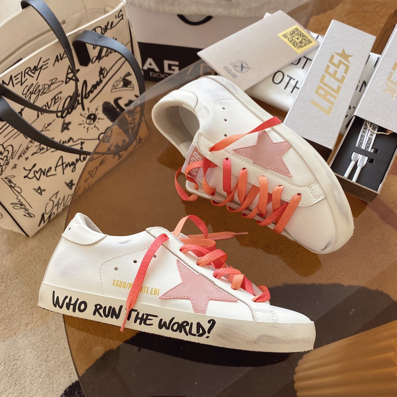 Golden Goose White Super-Star Sneakers With Pink Star and Heel Tab