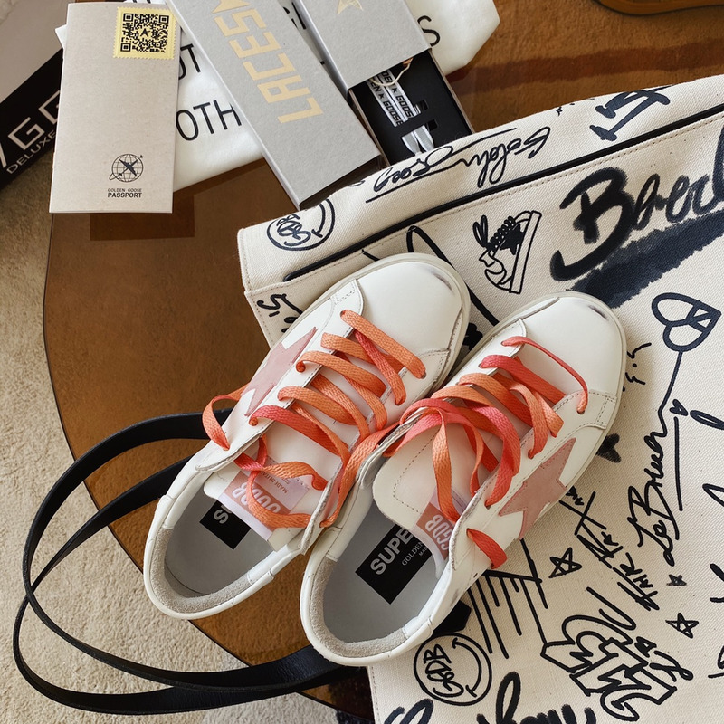 Golden Goose White Super-Star Sneakers With Pink Star and Heel Tab