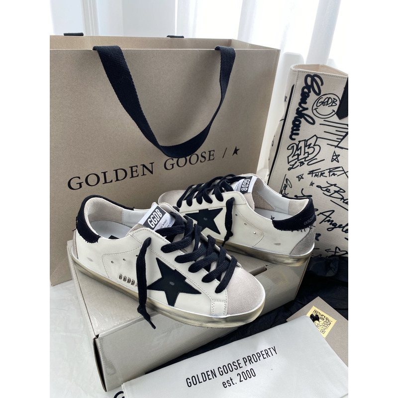 Golden Goose Men’s Super-Star Sneakers with Black Suede Star and Black Heel Tab