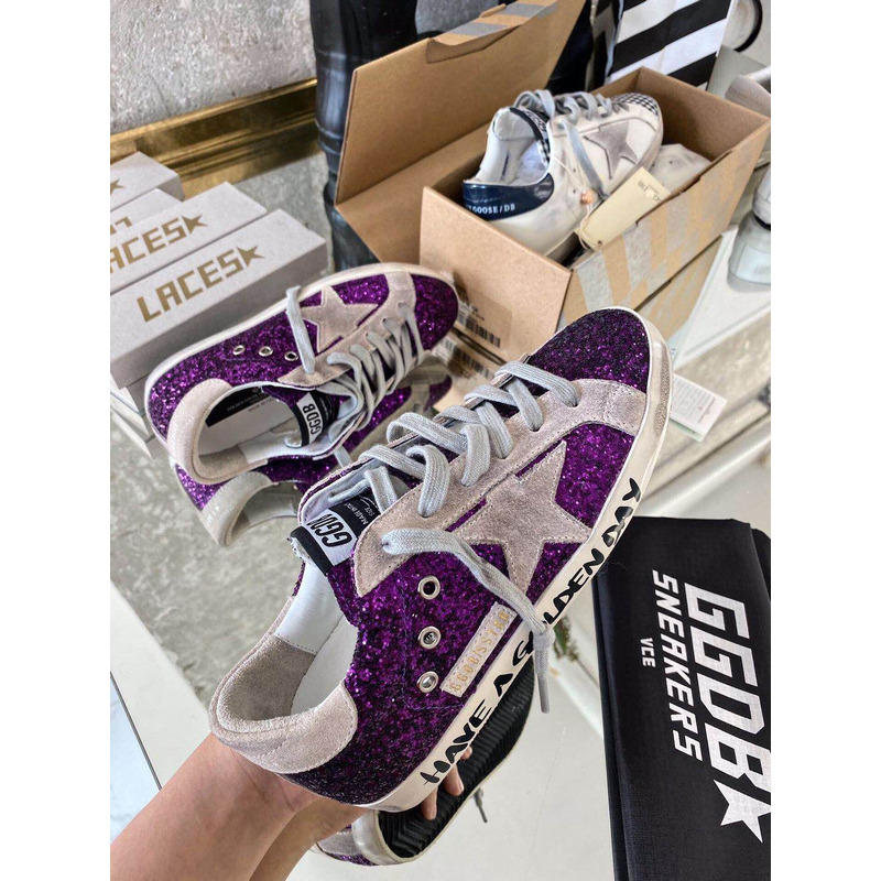 Golden Goose Super-Star Sneakers with Purple Glitter and Pink Heel Tab