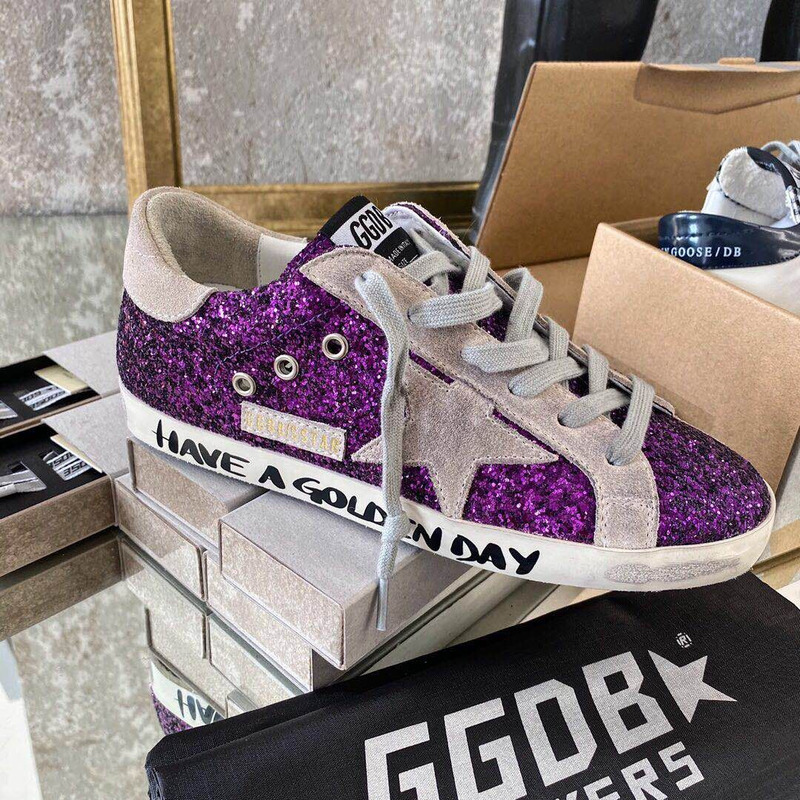 Golden Goose Super-Star Sneakers with Purple Glitter and Pink Heel Tab