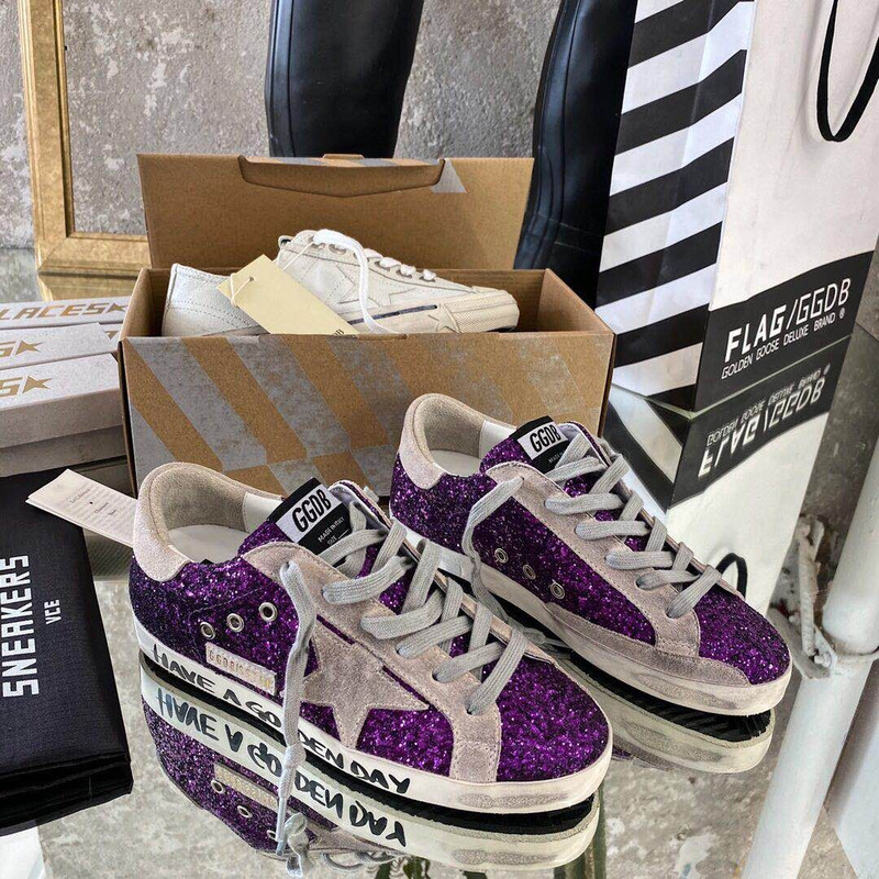 Golden Goose Super-Star Sneakers with Purple Glitter and Pink Heel Tab