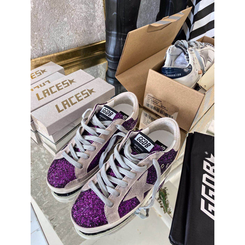 Golden Goose Super-Star Sneakers with Purple Glitter and Pink Heel Tab