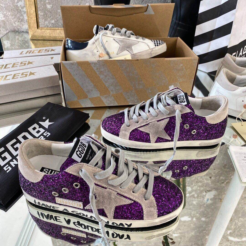 Golden Goose Super-Star Sneakers with Purple Glitter and Pink Heel Tab