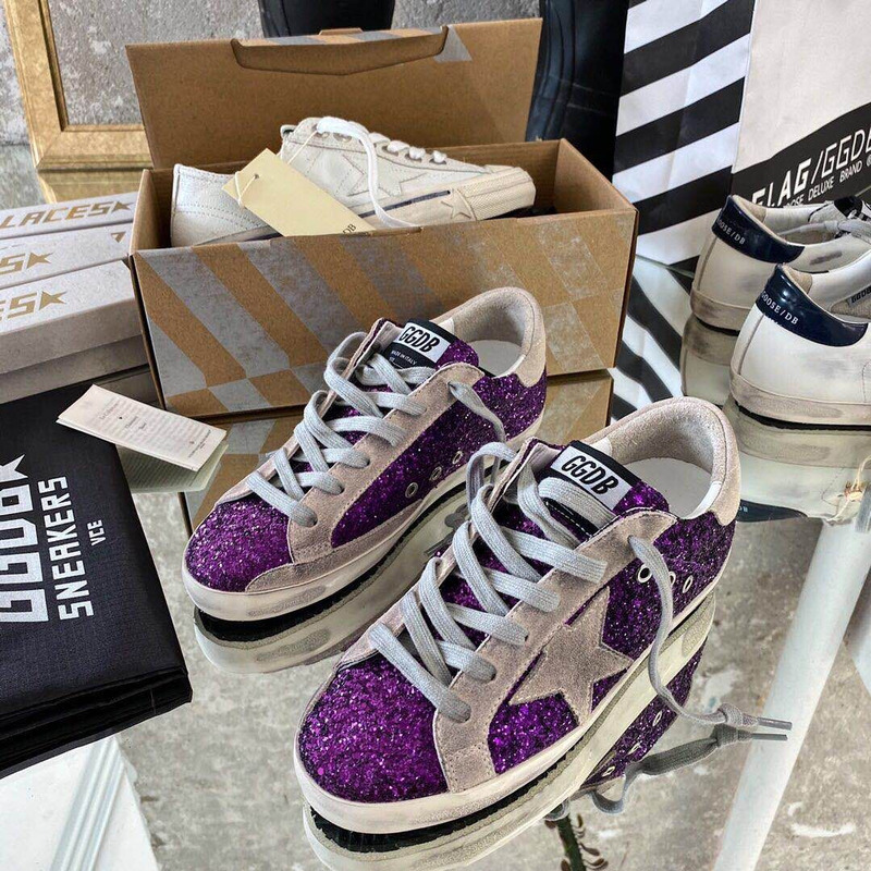 Golden Goose Super-Star Sneakers with Purple Glitter and Pink Heel Tab