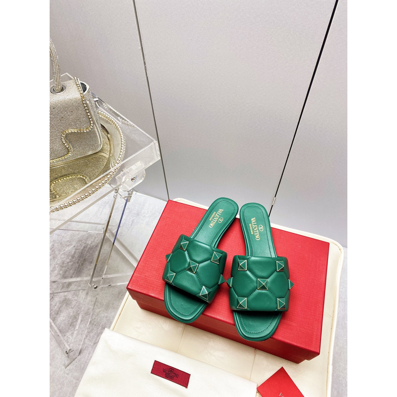 Valentino Garavani Roman Stud Quilted Slide Sandal Green