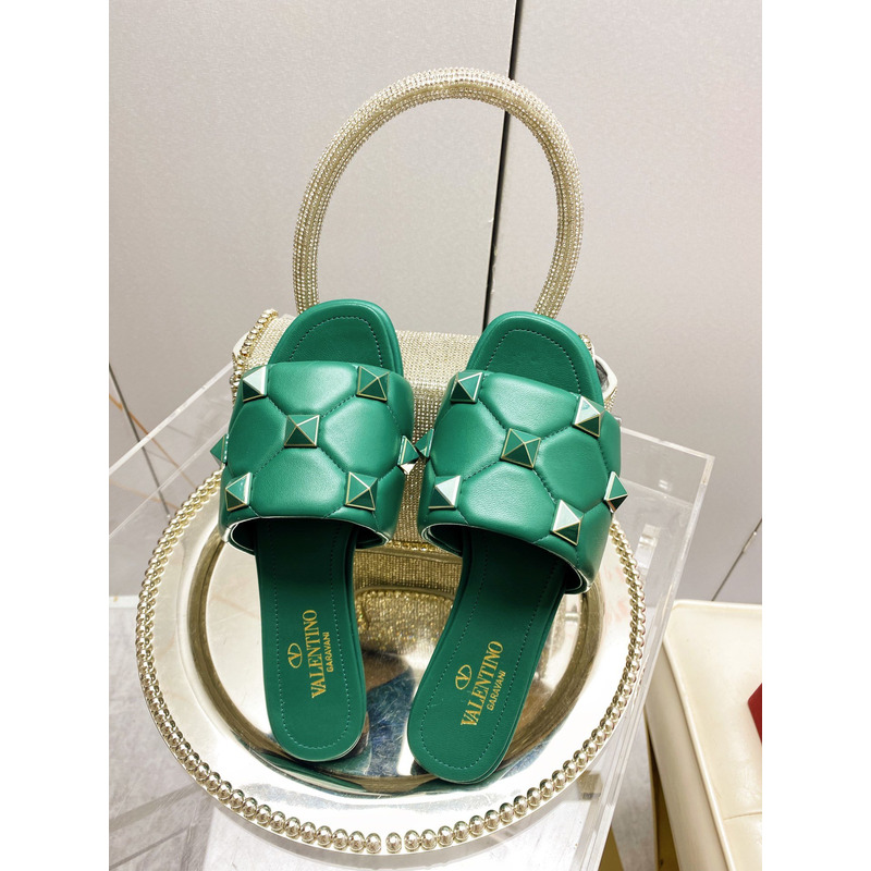 Valentino Garavani Roman Stud Quilted Slide Sandal Green