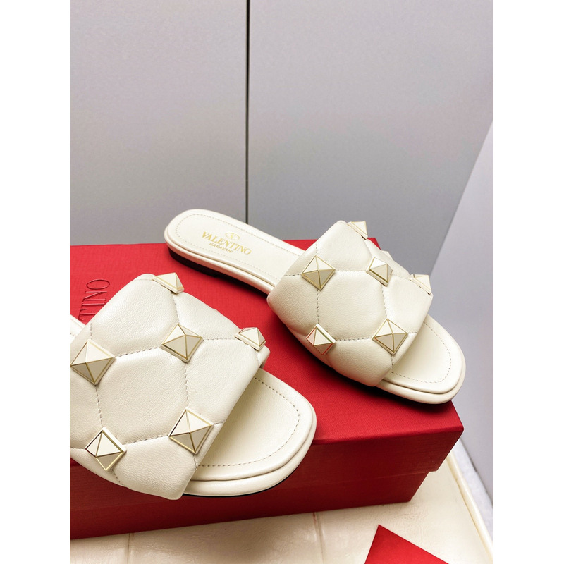 Valentino Garavani Roman Stud Quilted Slide Sandal White