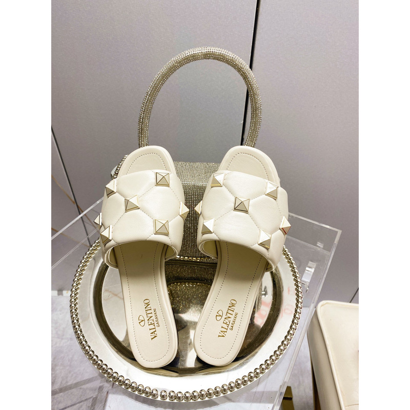 Valentino Garavani Roman Stud Quilted Slide Sandal White