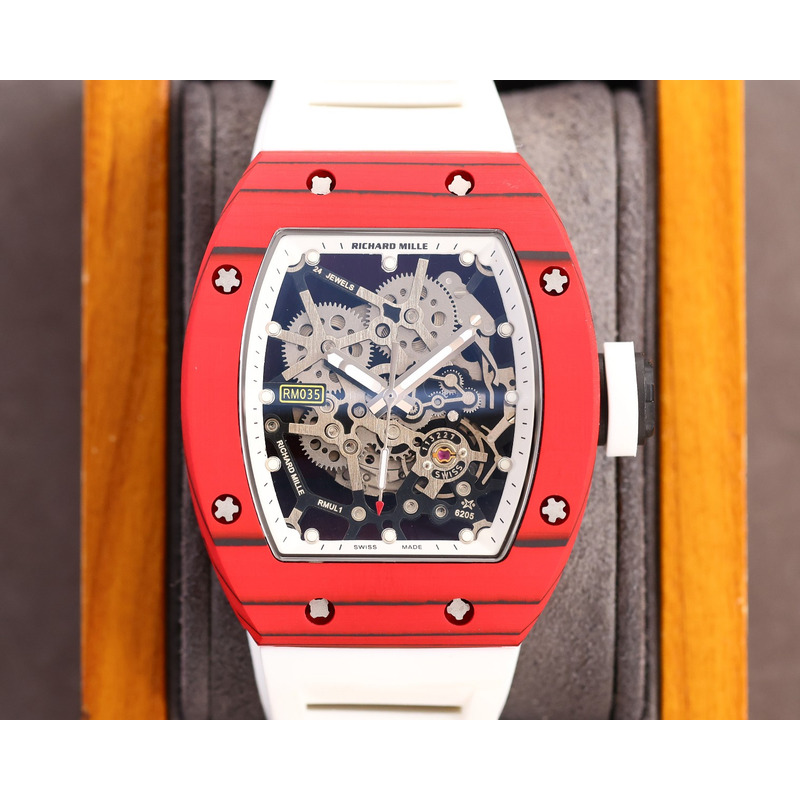 Richard Mille RM35 Men Mechanical Rubber Band Watch White Strap&Red Case