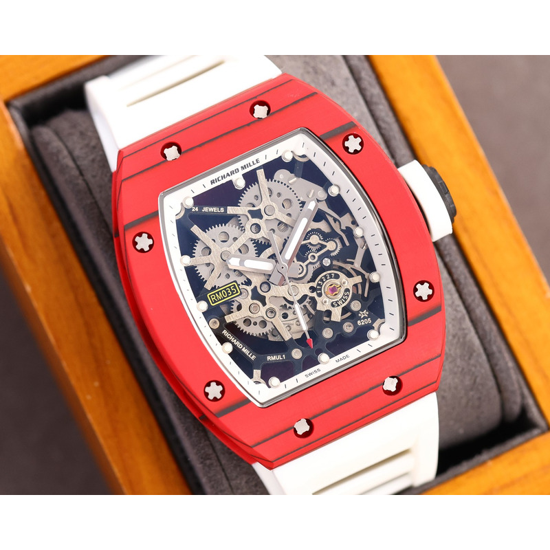 Richard Mille RM35 Men Mechanical Rubber Band Watch White Strap&Red Case