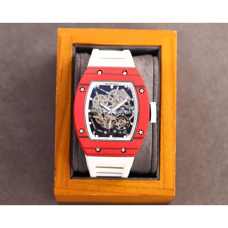 Richard Mille RM35 Men Mechanical Rubber Band Watch White Strap&Red Case