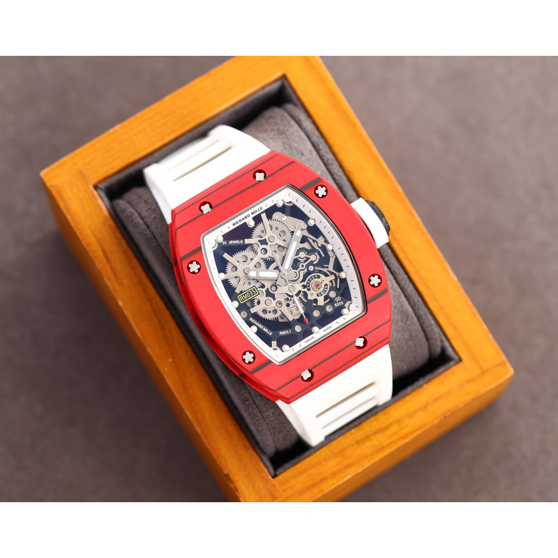 Richard Mille RM35 Men Mechanical Rubber Band Watch White Strap&Red Case