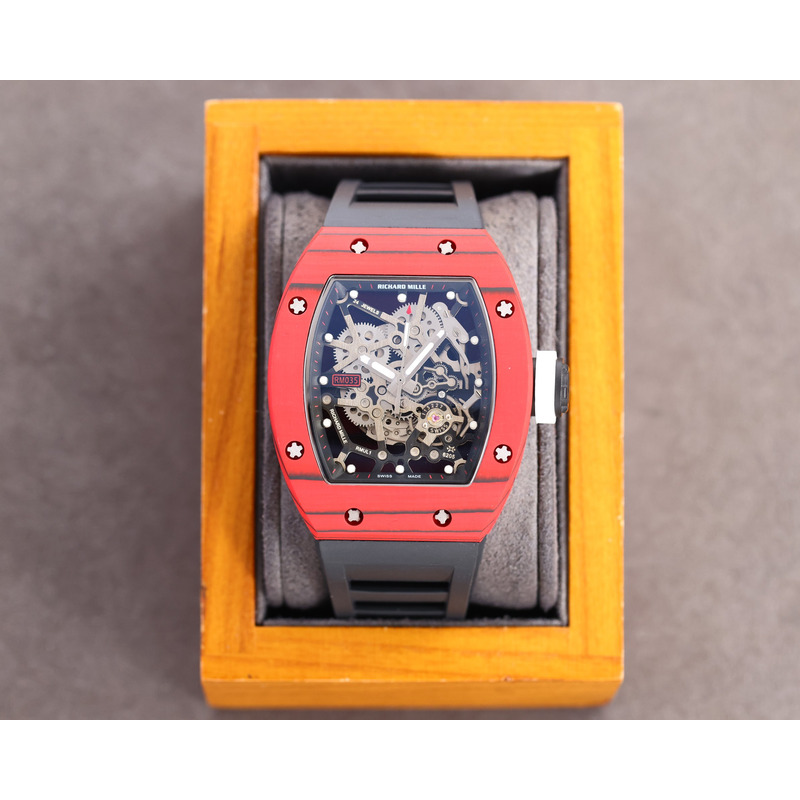 Richard Mille RM35 Men Mechanical Rubber Band Watch Black Strap&Red Case