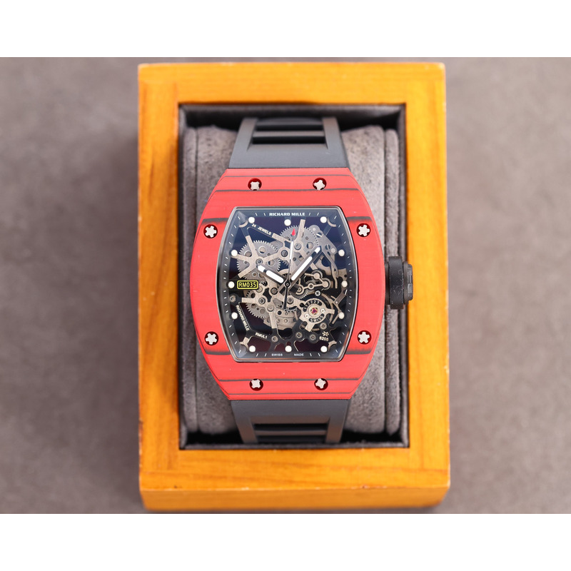 Richard Mille RM35 Men Mechanical Rubber Band Watch Black Strap&Red Case