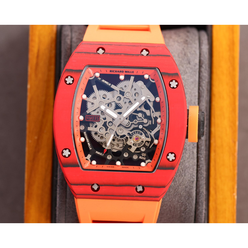 Richard Mille RM35 Men Mechanical Rubber Band Watch Orange Strap&Red Case