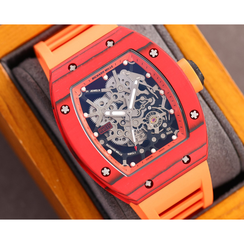 Richard Mille RM35 Men Mechanical Rubber Band Watch Orange Strap&Red Case