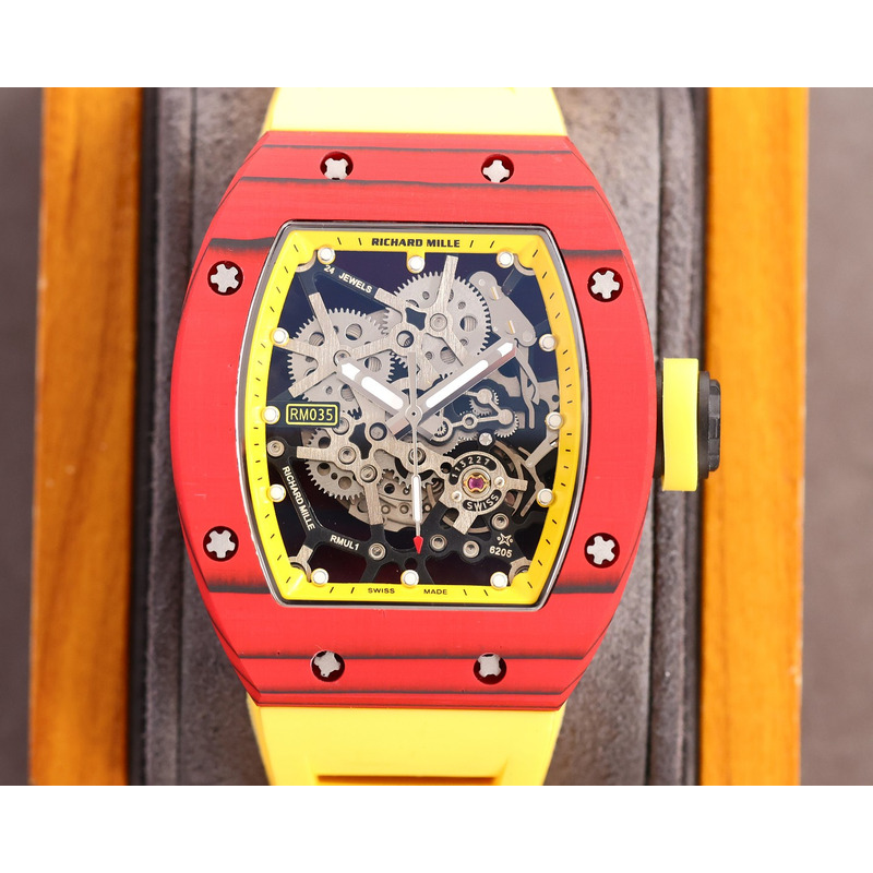 Richard Mille RM35 Men Mechanical Rubber Band Watch Yellow Strap&Red Case