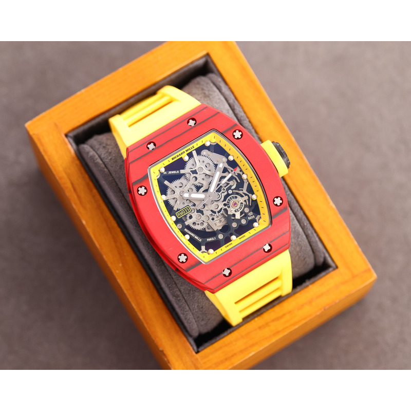 Richard Mille RM35 Men Mechanical Rubber Band Watch Yellow Strap&Red Case