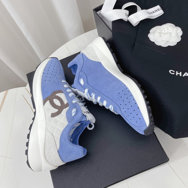 Ch*el fabric & suede kidskin sneaker blue & white