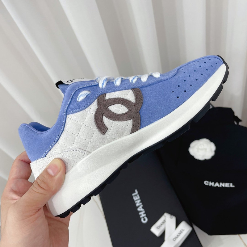 Ch*el fabric & suede kidskin sneaker blue & white