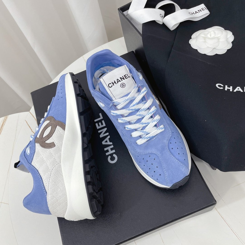 Ch*el fabric & suede kidskin sneaker blue & white