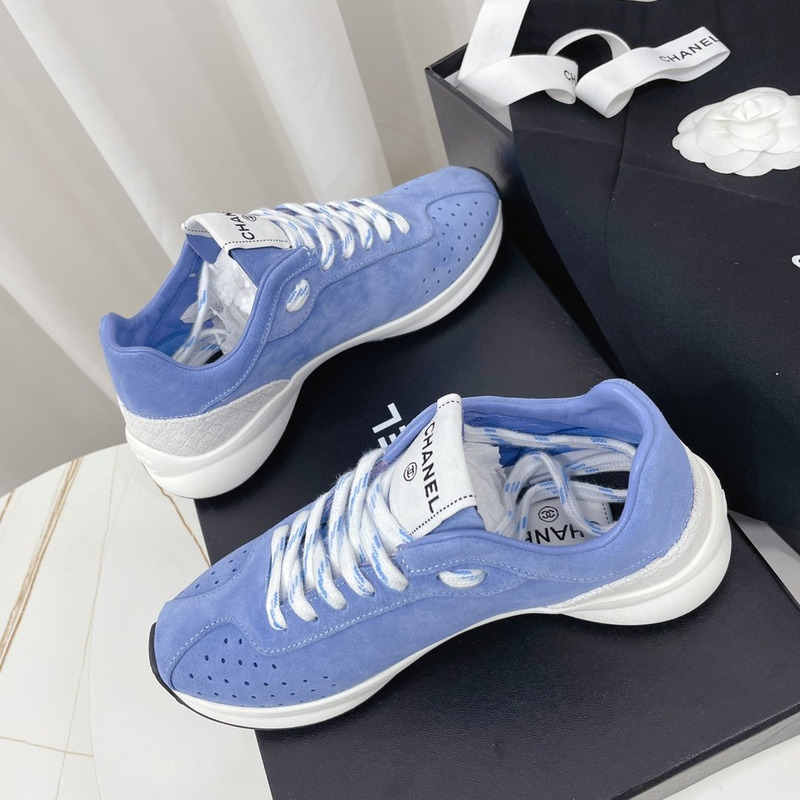 Ch*el fabric & suede kidskin sneaker blue & white