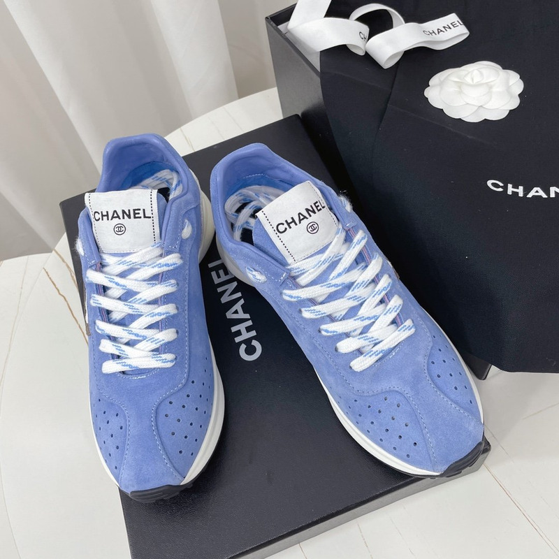 Ch*el fabric & suede kidskin sneaker blue & white