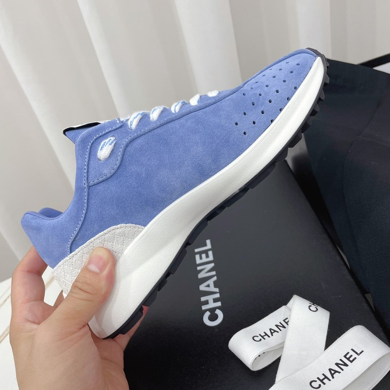 Ch*el fabric & suede kidskin sneaker blue & white