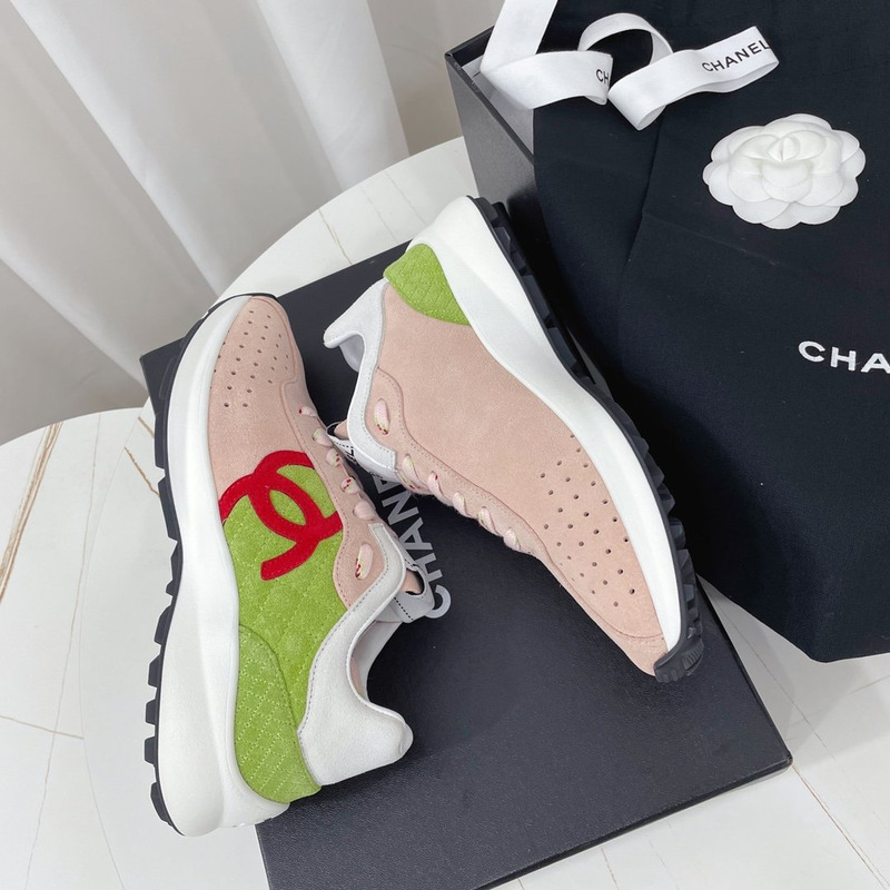 Ch*el fabric & suede kidskin sneaker pink & green