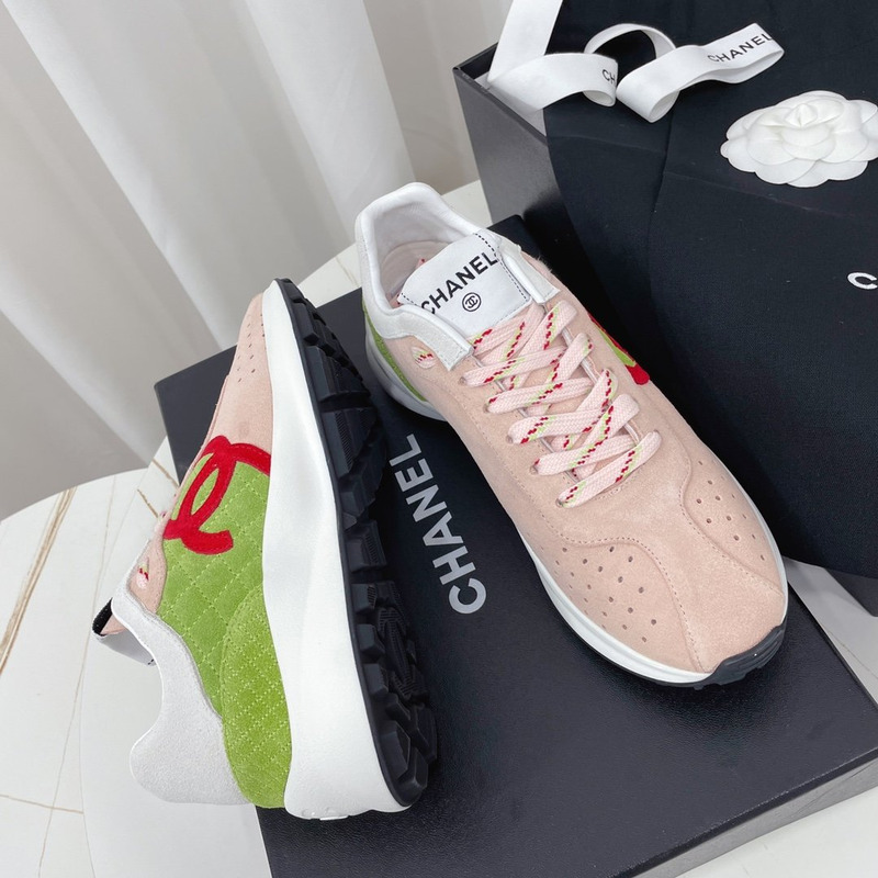 Ch*el fabric & suede kidskin sneaker pink & green