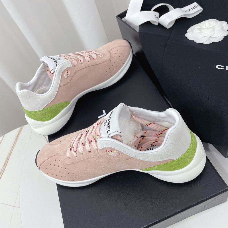 Ch*el fabric & suede kidskin sneaker pink & green