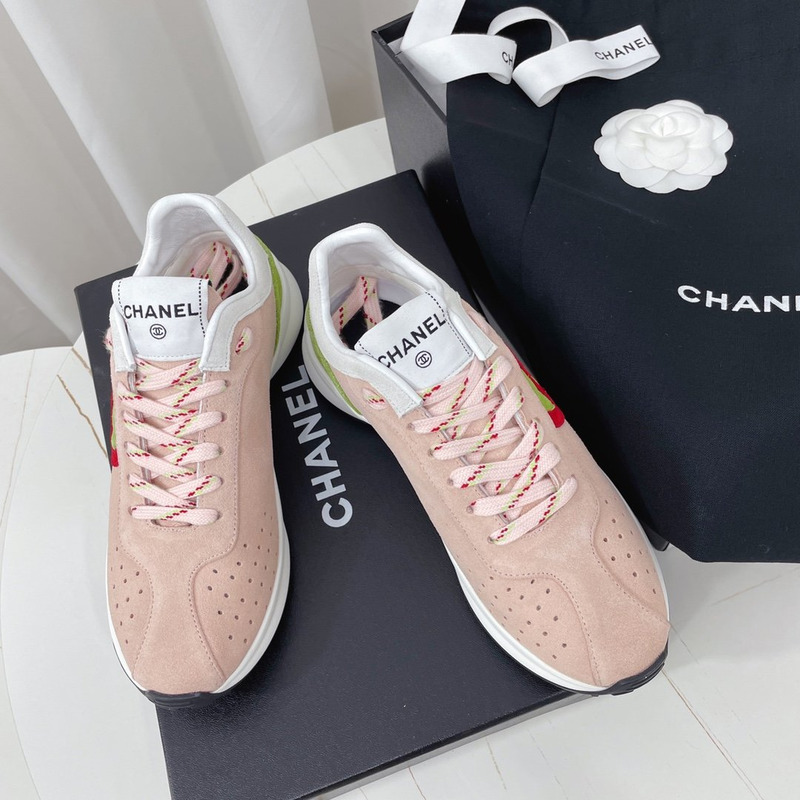 Ch*el fabric & suede kidskin sneaker pink & green