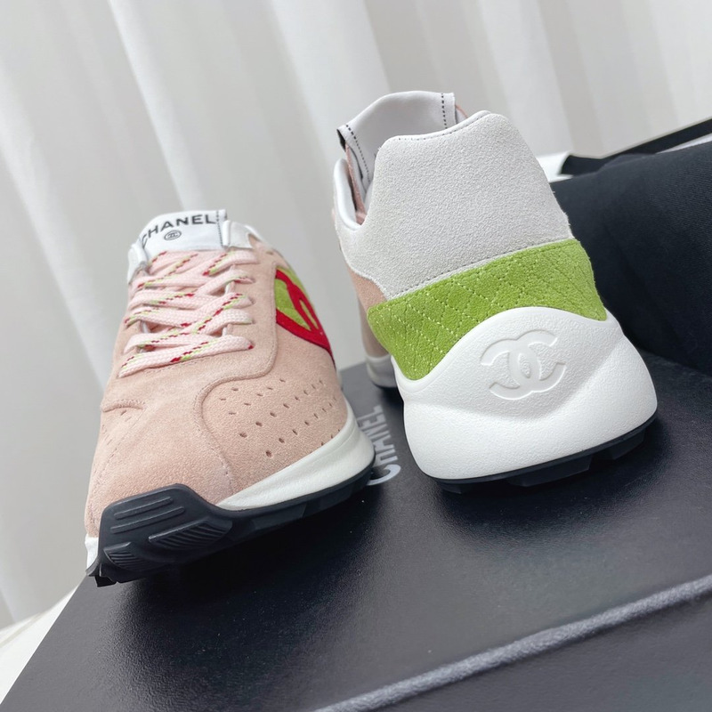 Ch*el fabric & suede kidskin sneaker pink & green