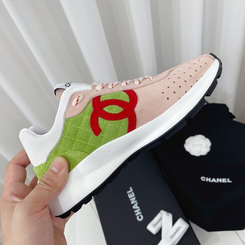 Ch*el fabric & suede kidskin sneaker pink & green