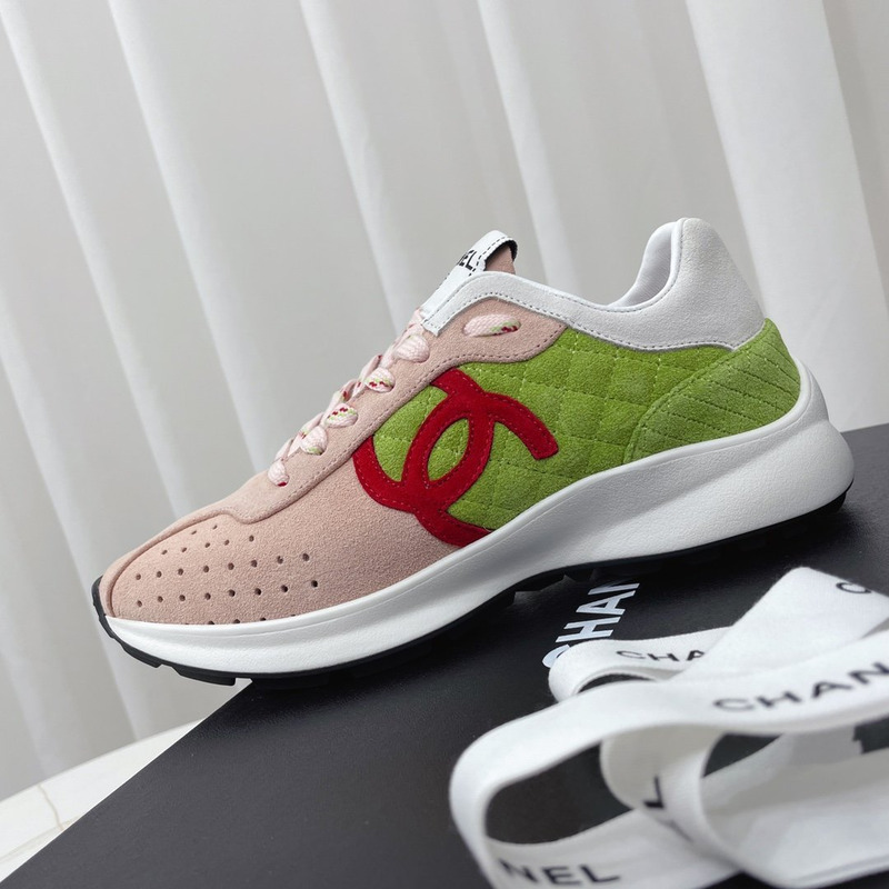 Ch*el fabric & suede kidskin sneaker pink & green