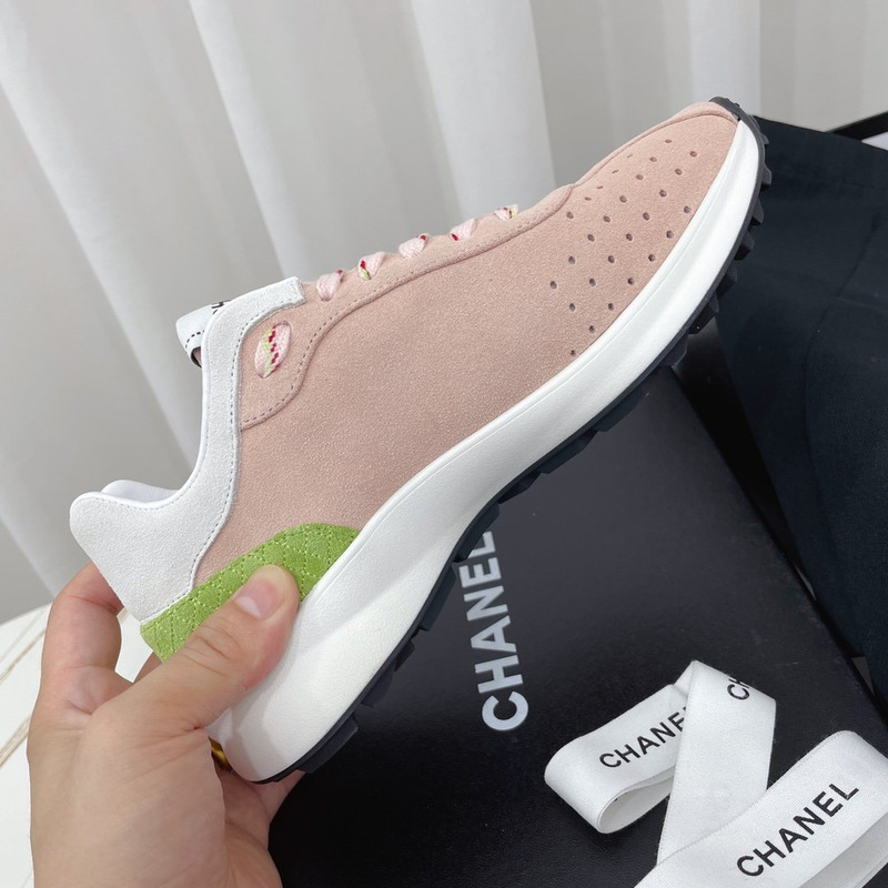 Ch*el fabric & suede kidskin sneaker pink & green