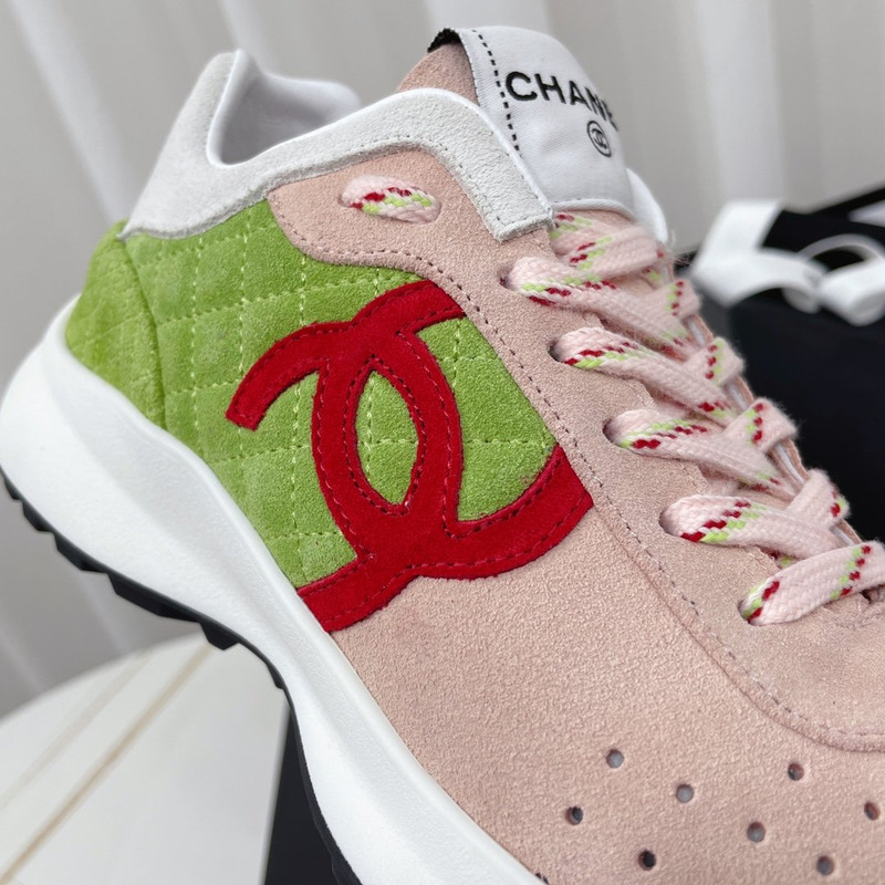 Ch*el fabric & suede kidskin sneaker pink & green