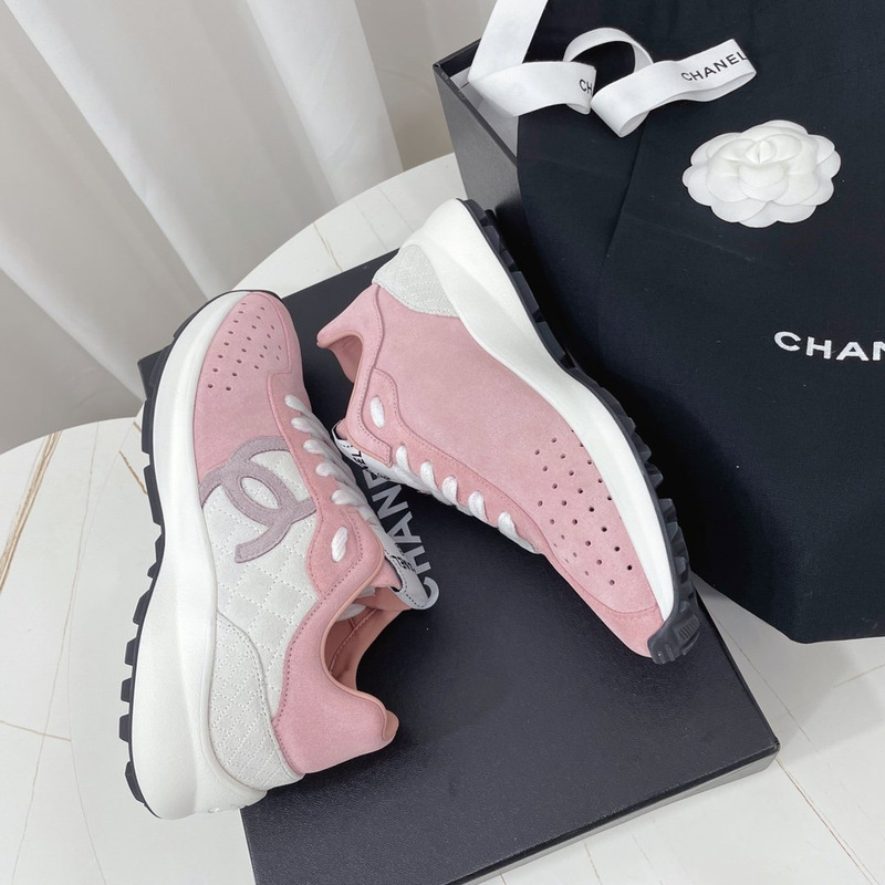 Ch*el fabric & suede kidskin sneaker pink & white