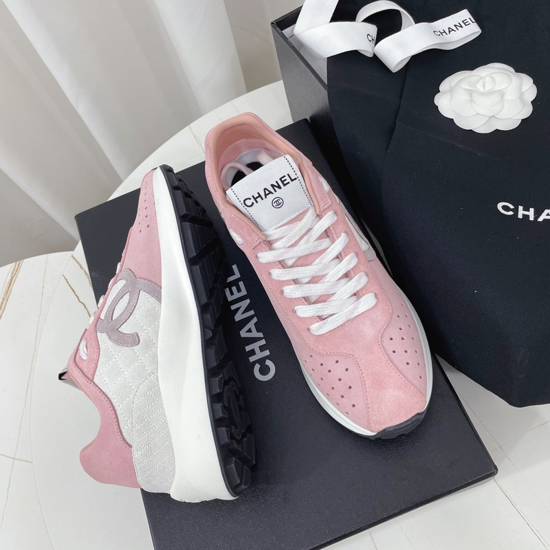 Ch*el fabric & suede kidskin sneaker pink & white