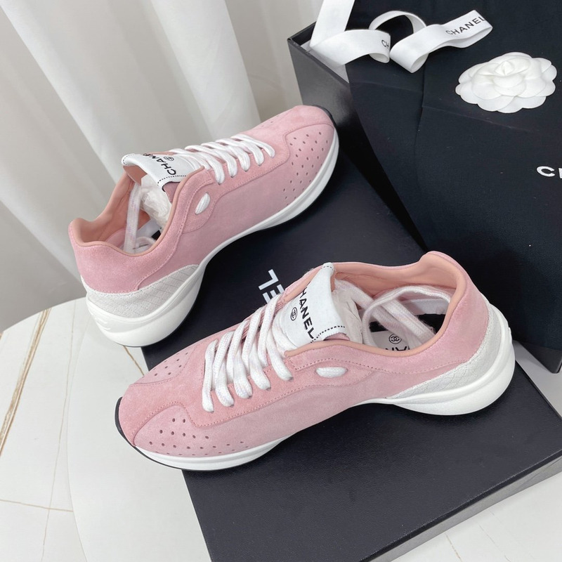 Ch*el fabric & suede kidskin sneaker pink & white