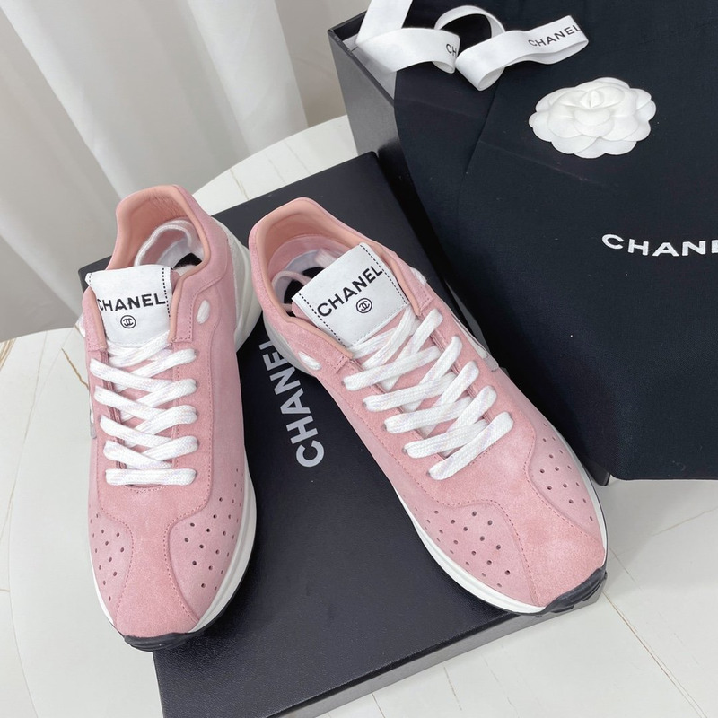 Ch*el fabric & suede kidskin sneaker pink & white