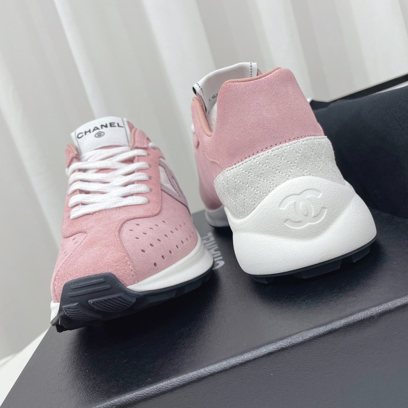 Ch*el fabric & suede kidskin sneaker pink & white