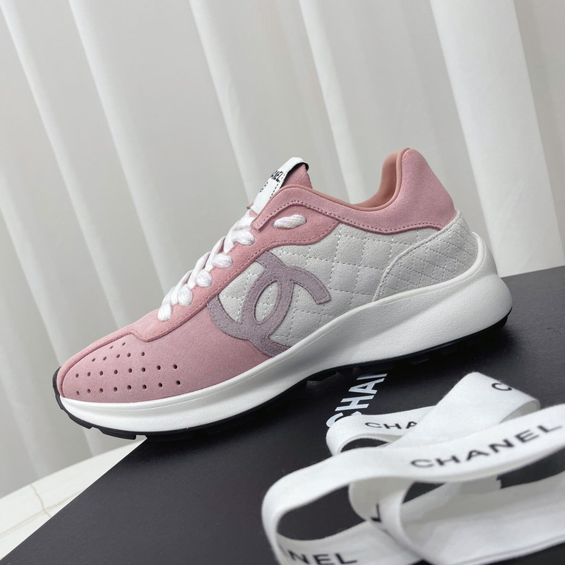 Ch*el fabric & suede kidskin sneaker pink & white