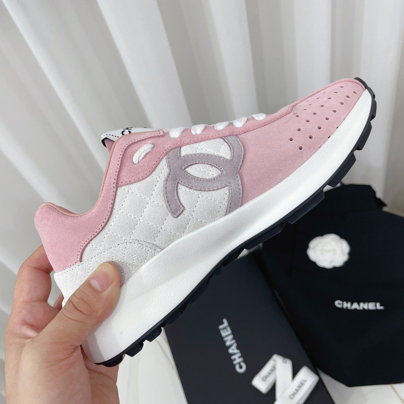 Ch*el fabric & suede kidskin sneaker pink & white