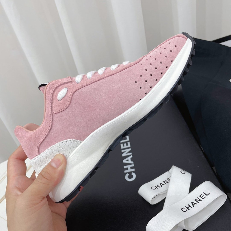 Ch*el fabric & suede kidskin sneaker pink & white