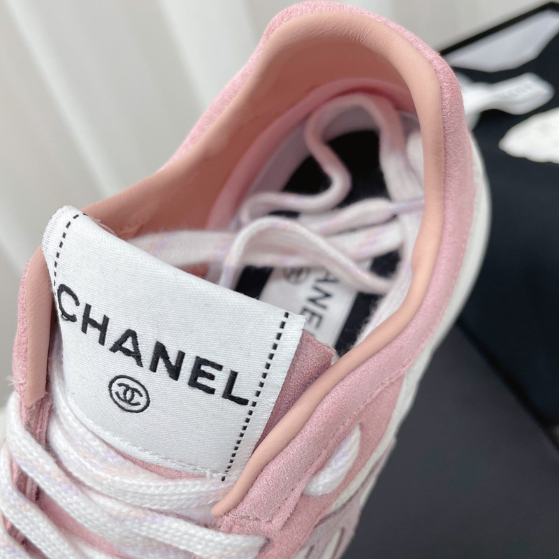 Ch*el fabric & suede kidskin sneaker pink & white