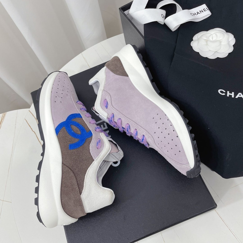 Ch*el suede kidskin sneaker light purple, blue & dark gray